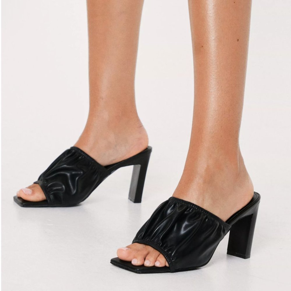 NEW Ruched Faux Leather Heeled Mules